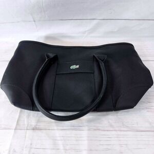 Lacoste Black Tote Bag with Iconic Crocodile Logo and Grid Interior